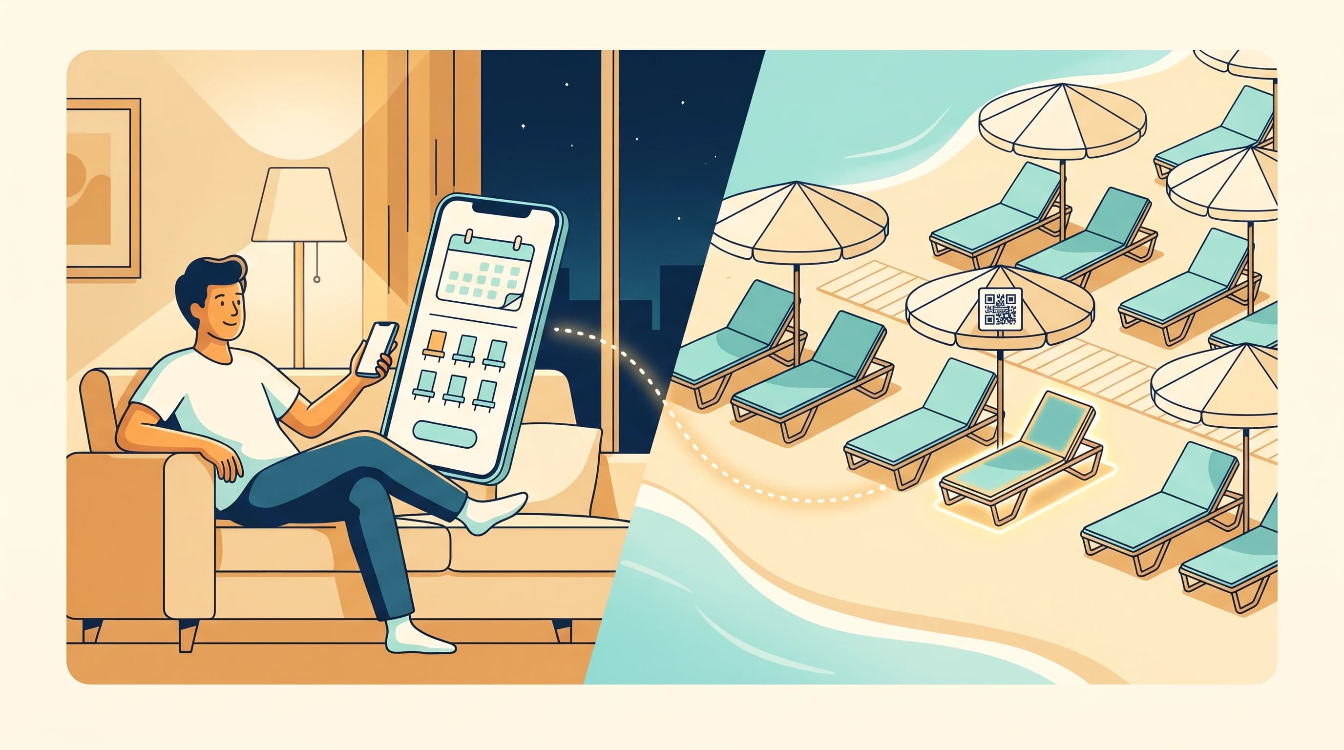 Ilustración de una persona reservando una hamaca desde el móvil la noche antes, junto a un código QR en la sombrilla de un chiringuito de playa