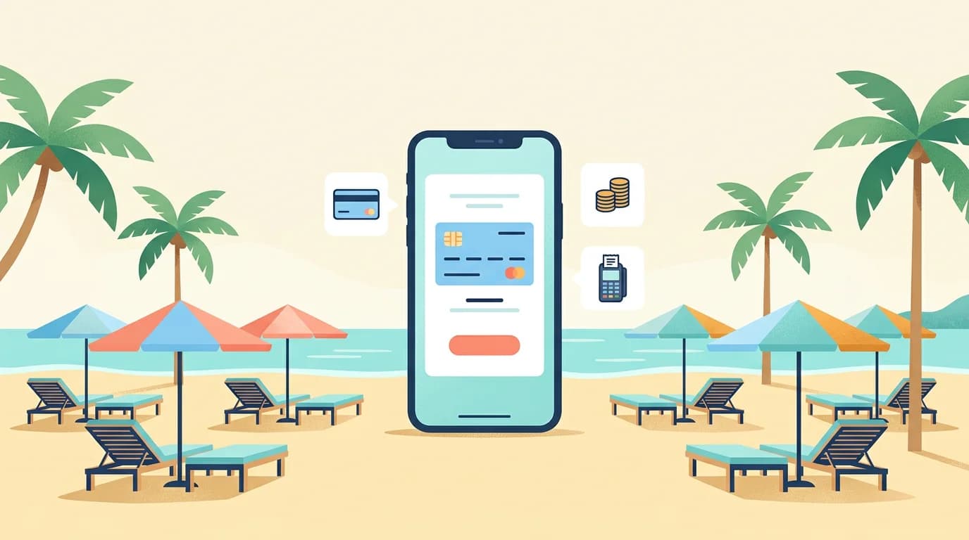 Ilustración de las formas de cobro de un negocio de hamacas: pago online y cobro a pie de playa