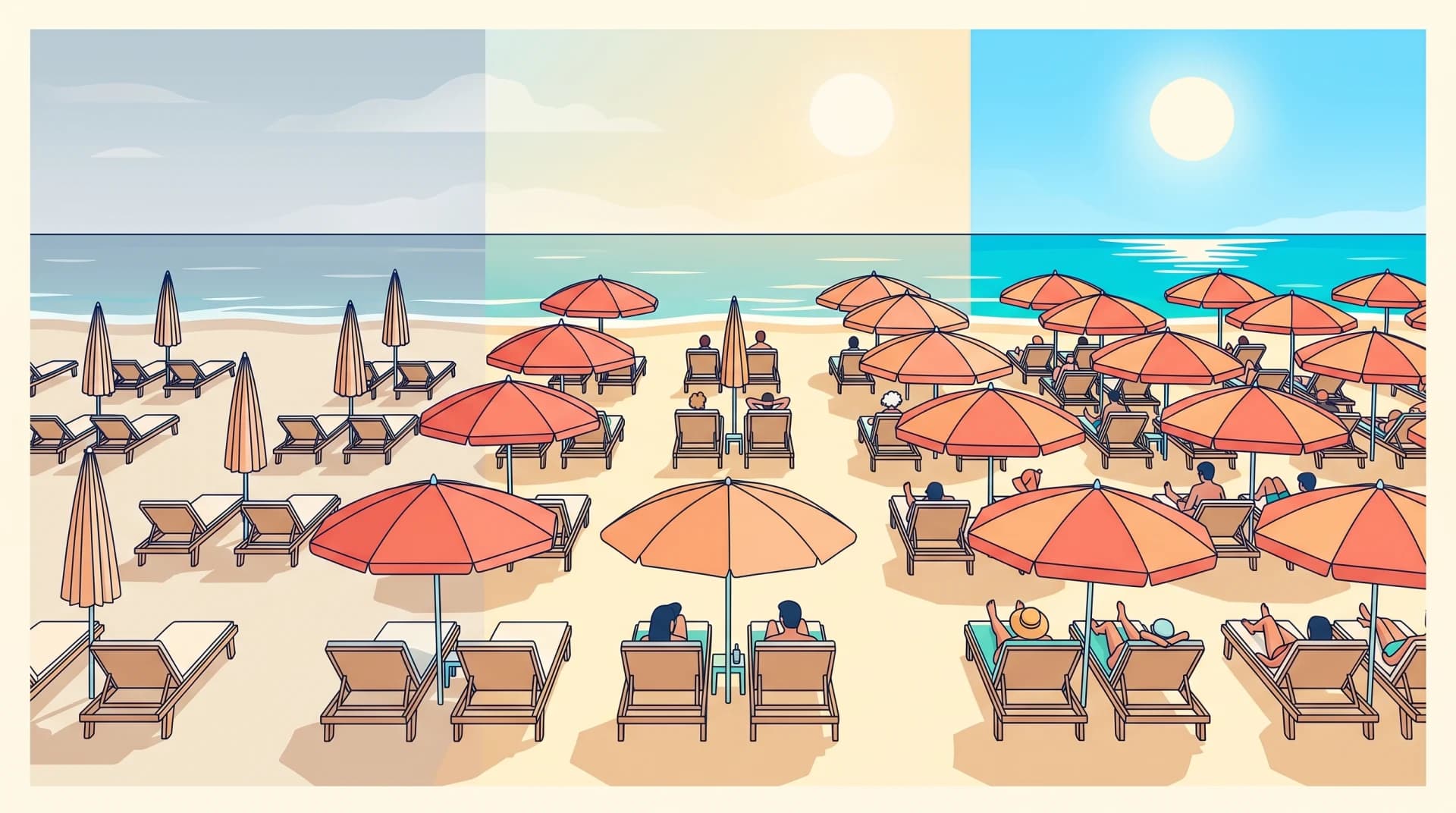 Ilustración de hamacas frente al mar bajo distintos momentos del año, de la temporada baja tranquila y gris al verano lleno de sombrillas y sol