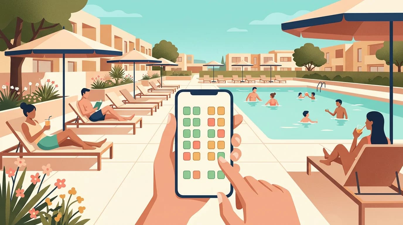 Illustration of a community pool with neatly arranged sunbeds and slot booking from a phone