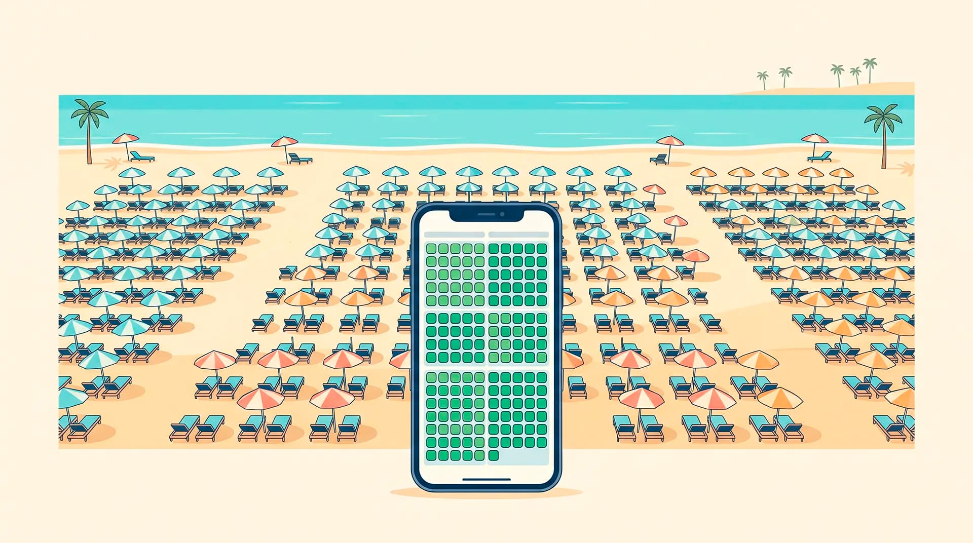 A beach with hundreds of sunbeds arranged by zone and a phone showing the management panel with the status of each sunbed