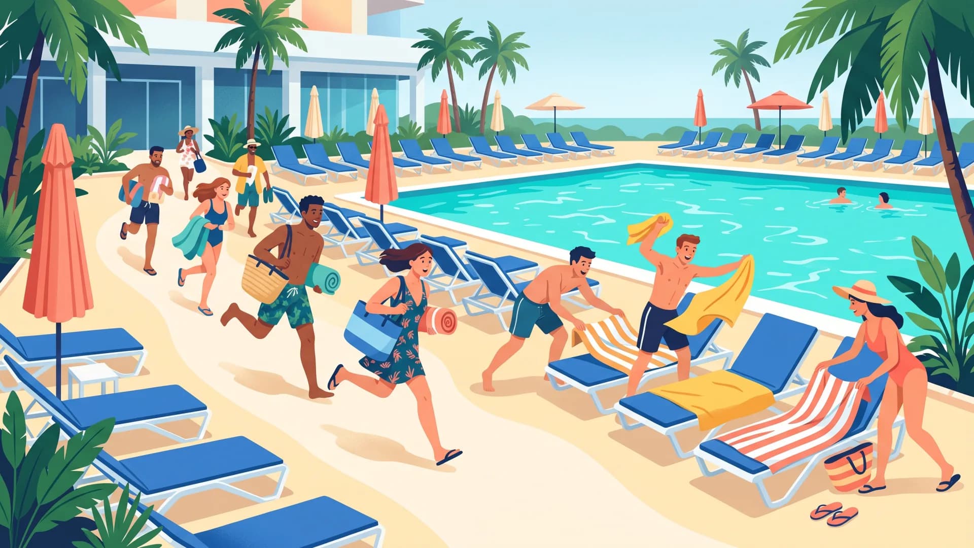 Illustration of hotel guests running with their towels toward the empty sunbeds as the pool opens, draping towels to claim a spot: the towel war