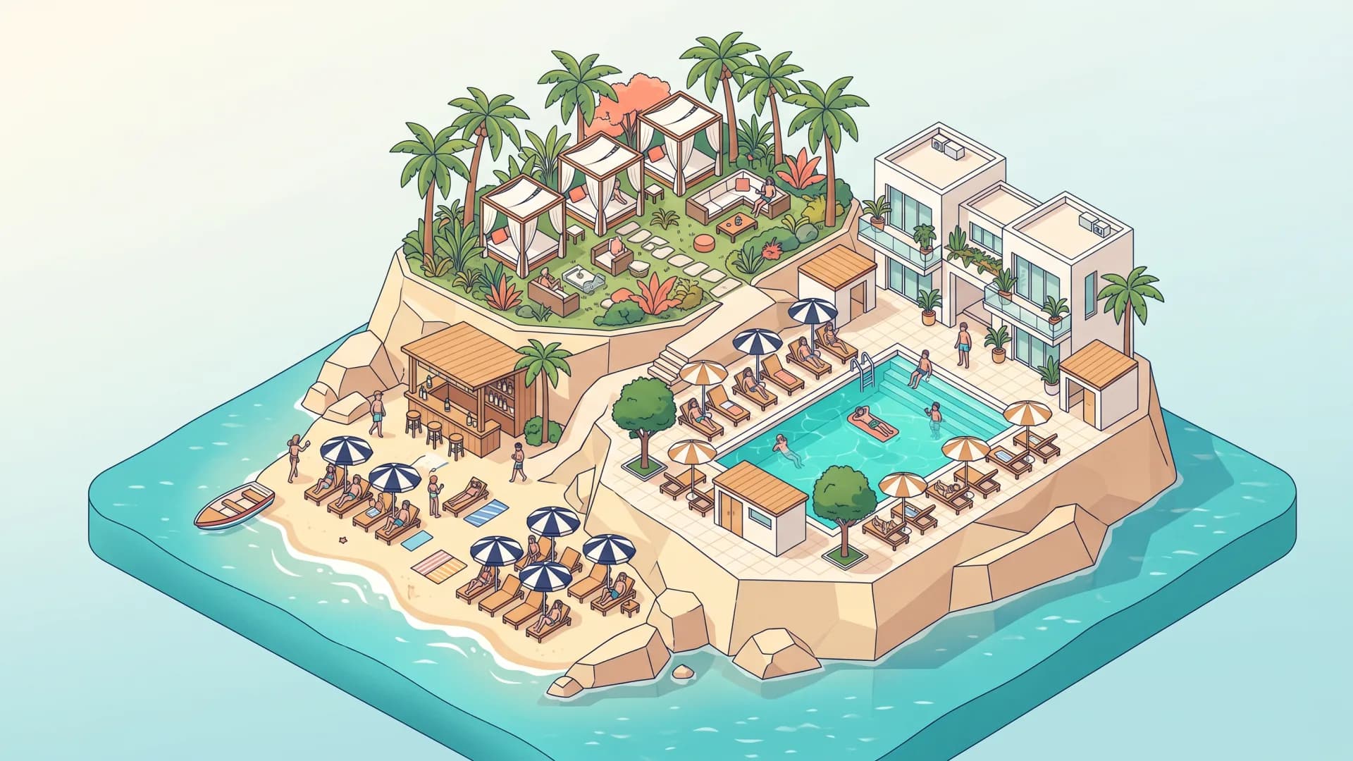 Illustrated aerial view of a coastal business with several sunbed zones in different styles: a parasol beach, a turquoise pool, and a Balinese daybed corner