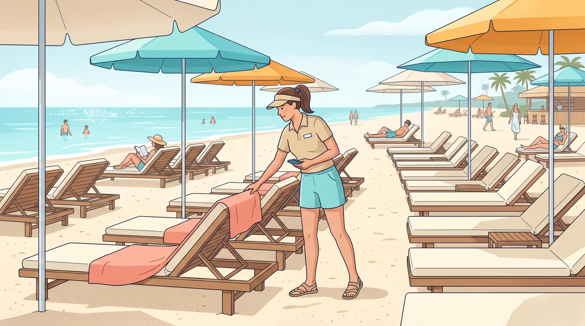 A hand marks bookings on a beach's sunbed map from a phone; each spot changes color according to its status