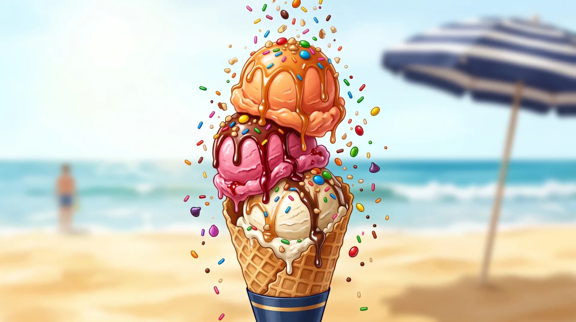 A three-scoop ice cream cone with colorful toppings falling, as a metaphor for a made-to-measure sunbed plan